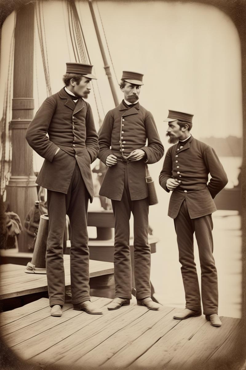 00111-1564395795-_lora_Albumen Print_1_Albumen Print - a photo of sailors talking on a dock. looing scared. photo from 1876. realistic.png